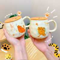 Kawaii Tiger แก้วถ้วยกาแฟน่ารักถ้วยเซรามิคพร้อมฝาปิดช้อน Home Office ชาเบียร์อาหารเช้าถ้วย Drinkware วันเกิด Gift