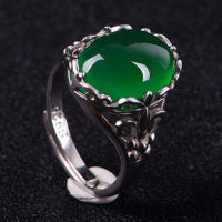 Korean silver plated green agate crystal opening ring female emerald inlaid chalcedony ring N108