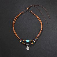 Leather Rope Choker Brown Leather Necklace Antique Green Stone Silver Color Flower Shape Charm Multilayer Chain Necklace