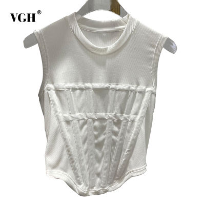 VGH Casual White T Shirt For Women O Neck Sleeveless Patchwork Buckle Korean Slim T Shirts Female Summer Fashion Clothing