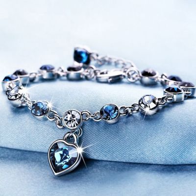 Women Silver Color Lucky Bracelet Female Blue Crystal Heart Charm Pulseras Bracelet Bridal Wedding Engagement Fine Jewelry Gift