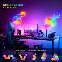 RGB แอพควบคุมไฟไฟติดผนังในร่มหกเหลี่ยม LED ซิงค์กับดนตรีไฟกลางคืนเกมคอมพิวเตอร์ J31ตกแต่งห้องห้องนอนข้างเตียง