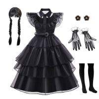 Ruched Puffy Black Prom Dress for Teenager Girls Wednesdays Cosplay Costume Big Kid Halloween Addams Family Disguise Gothic Robe