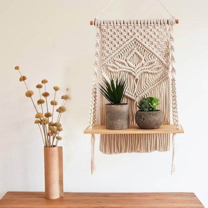 macrame-ชั้นแขวนผนังสำหรับตกแต่งไม้ลอยชั้นทอด้วยมือสไตล์โบฮีเมียนสีขาวชั้นวางติดผนังแนวชนบท