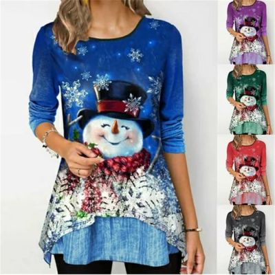 【JH】 and winter new wish eBay European ladies printed round neck long-sleeved T-shirt top