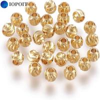 IOPOIT 100 PCS ลูกฟูก ลูกปัดคั่นทอง กลมเล็ก5มม. ชุบทอง14K ลูกปัดคั่นรอบ ทำเครื่องประดับ DIY ทองเหลืองเบิ้ล ลูกปัดลูกฟูกทองเหลืองแบบหลวม สร้อยคอสำหรับผู้หญิง