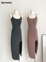 【YF】 Aotvotee Spaghetti Strap Midi Dress for Women 2023 Casual Sheath Summer Vintage Split Elegant Solid with Pad Sexy