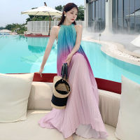 Sweetshuang 2022ฤดูร้อนผู้หญิงแฟชั่น Slim หวานอ่อนโยน Leusure Gradient Rainbow หลวมกระโปรงจีบ Tropical วันหยุดงานแต่งงานชายหาดยาว Halter Dress