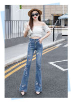 ร้อน, ร้อน★The new Korean version of mini blue jeans women fashion printed elastic jeans bell pants high waist slim pendent pants