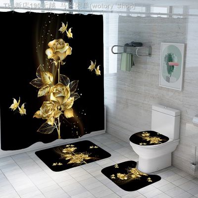 【CW】№  Gold Set Luxury Shower Curtain with Rug for Toilet Accessories 4pcs