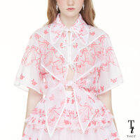 TandT - PRIS Shirt MOUCHOIR PRINTED RIBBON TIE-BOWS FRONT SHIRT เสื้อเชิ๊ตแขนสั้น ตัดต่อลายผ้าและเชือกกุ้นผูกโบว์ทั้งตัว ผ้าไนล่อนโปร่งสกรีนลายสีชมพูนีออน