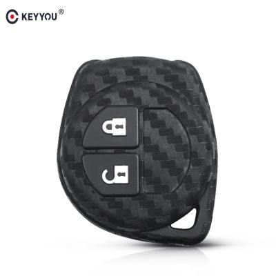 npuh KEYYOU Carbon Fiber Silicone Rubber Fob Case 2 Buttons Car Remote Key Keychain Cover For Suzuki SX4 Swift Vitara Key Accessories