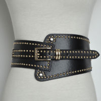 Pu Leather Black Rivet Asymmetrical Elastic Wide Belt Personality Women New Fashion All-match Autumn Winter