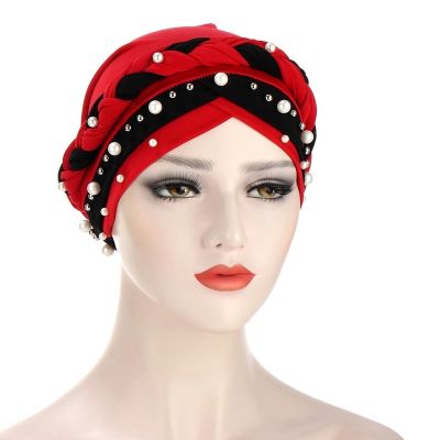 【YF】 KepaHoo Muslim Women Turban Cap Fashion Double Nail Pearl Beaded Headscarf Elastic Loose Wrap Hair Accessories