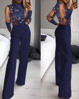 Fashion New Jumpsuit for Women 2022 Long Sleeve Mock Neck Floral Pattern Mesh Patch Wide Leg