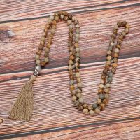 ZZOOI 6mm/8mm Picture Jasper  Beaded 108 Mala Knotted Necklace Blessing Meditation Yoga Buddha Head Tassel Pendant Japamala Jewelry