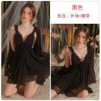 2023 Hot Underwear Sexy Mesh Deep V Plus Chest Pad Bow Lace-Up Princess Style Pajamas Homewear Suit 3181