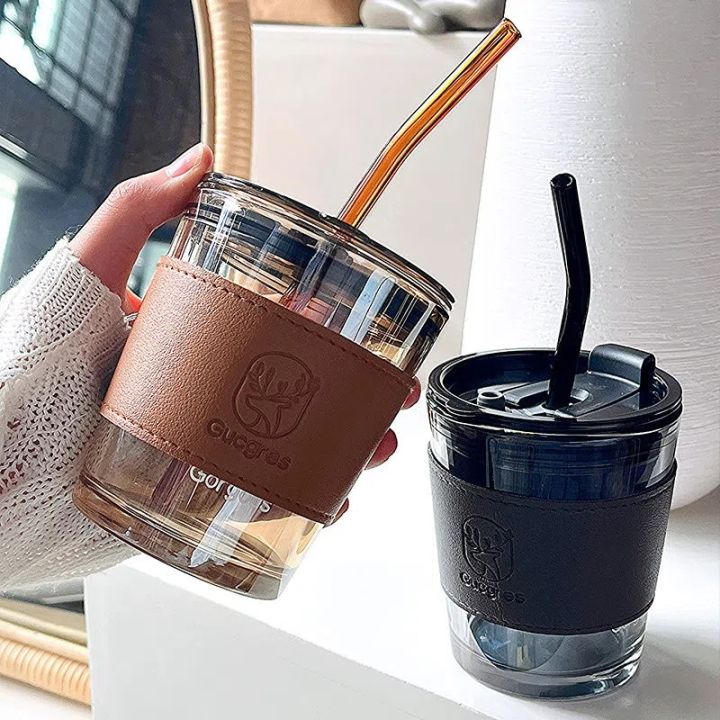 high-end-cups-350มิลลิลิตร450มิลลิลิตรแก้วถ้วยกาแฟที่มีฝาปิดฟางกวางพิมพ์หนังทนความร้อนขวดน้ำแก้วคริสต์มาสถ้วยไวน์