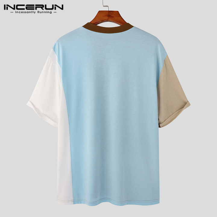 เสื้อลำลองแบบเย็บปะทรงหลวมผู้ชายแขนสั้น-incerun-เสื้อฮิปฮอปวันหยุด-สไตล์เกาหลี