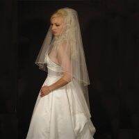 【CW】 2 Layers Bridal Veils Ivory Short Tulle Wedding Veil Pearls Beaded