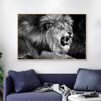 โปสเตอร์ภาพวาดต้นไม้สิงโตขาวดำและภาพพิมพ์ Cuadros สิงโตคำรามภาพศิลปะบนผนังตกแต่งสำหรับห้องนั่งเล่น