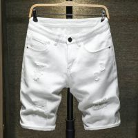 COD SDFERTREWWE Summer Men Slim Ripped Holes Shorts Cream Off White Beige Black Casual Knee Length Short for Men Bermuda