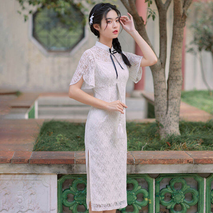 2022จินผ้าฝ้ายเย็บปักถักร้อยเนื้อสาว-cheongsam-ตาข่ายขนาดเล็กสดสีดำโบว์-cheongsam