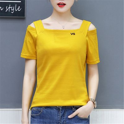 2019 Summer Women Cotton Shirts Short Sleeve T-Shirts Slash Tee Off Shoulder Solid Color Casual Female T-Shirt Plus Size
