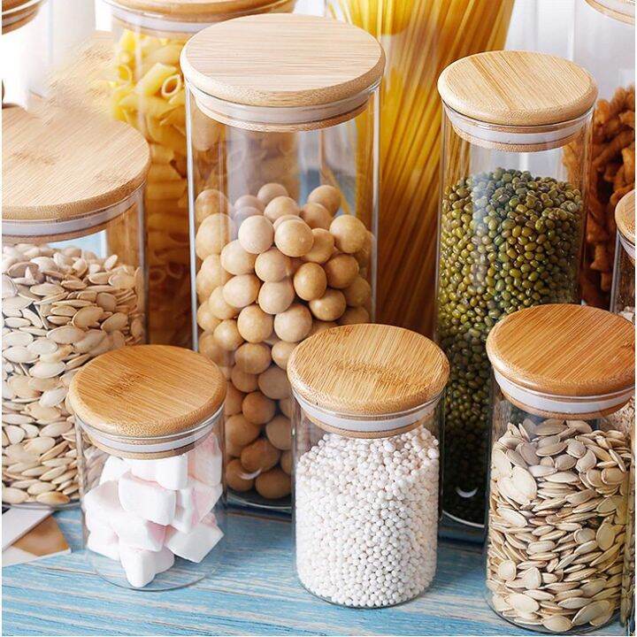 1pc Round Glass Airtight Jar, Seasoning Jars with Bamboo Lids and