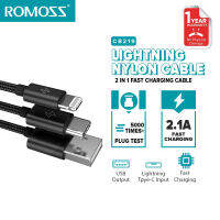 Romoss CB219 2 in 1 Lightning &amp; Type-C สายชาร์จ Nylon-braided 2.1A Charging Cable สำหรับ iP Samsung Huawei Xiaomi Oppo VIVO Realme iPhone