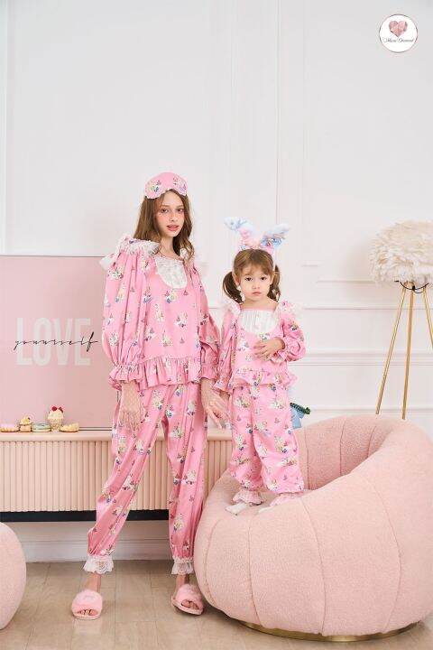 mariadiamond-สีชมพู-kids-goodnight-bunny-pajamas-เด็ก-ผ้าไหมซาตินพิมพ์ลาย-ชุดนอน-เบาสบาย-ระบายอากาศ-ไม่คัน-ไม่ร้อน