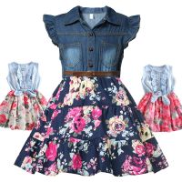 Girls Casual Clothing Denim Floral Dresses 2021 Summer Lovely Party Dress With Belt Flying Short Sleeve Childrens Girls Outfits  by Hs2023