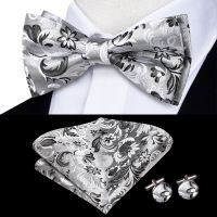 ☼ﺴ High Quality Silver Black White Silk Mens Bow Tie Hanky Cufflinks Set Pre-tied Bowtie Male Jacquard for Wedding Business Hi-Tie