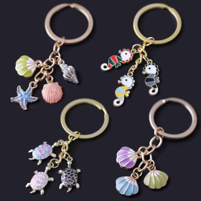 Fashion Women Keychain Bag Car Accessory Pendant Key Chain Seahorse Shell Starfish Conch Turtle Fish Sea Colorful Enamel Jewelry Key Chains