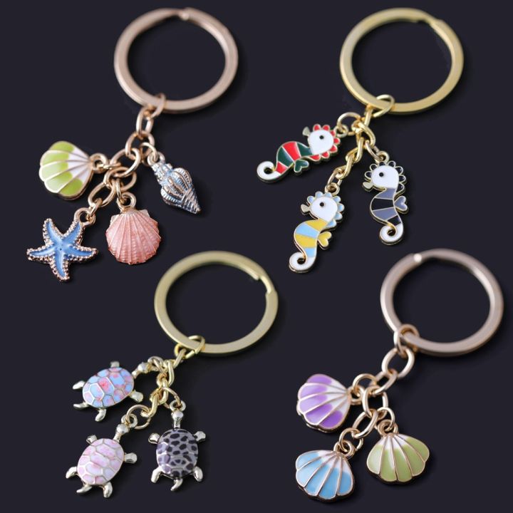 fashion-women-keychain-bag-car-accessory-pendant-key-chain-seahorse-shell-starfish-conch-turtle-fish-sea-colorful-enamel-jewelry-key-chains