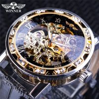 winner watch mens fashion casual classic rhinestone hollow out manual mechanical watch 【QYUE】