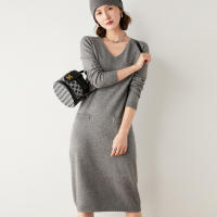 Fashion 2021 autumn and winter womens cashmere dress V-neck long skirt over the knee cashmere dress sweater dress