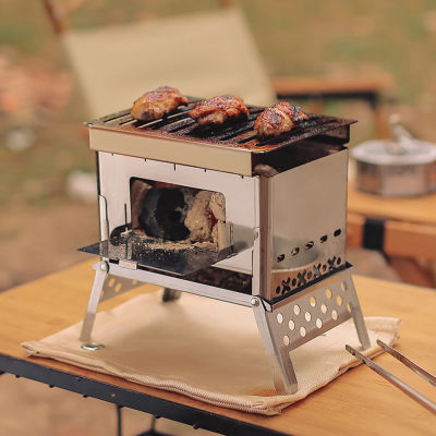 กลางแจ้งพับเตาถ่านสแตนเลสมินิไฟไม้เครื่องทำความร้อนที่ถอดออกได้พับน้ำหนักเบาเตาพร้อมกระเป๋าสำหรับ Cook BBQ