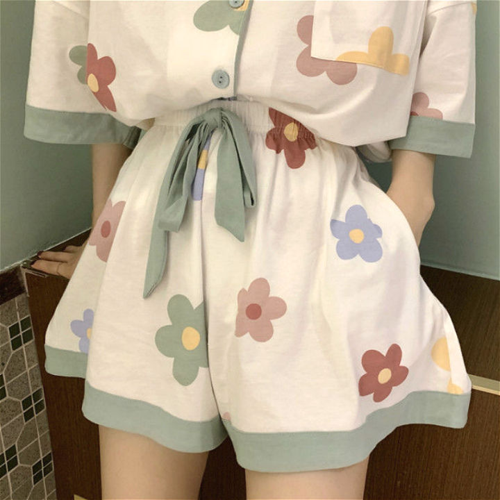 pajama-sets-women-summer-ins-korean-lovely-floral-printed-half-sleeve-girls-homewear-loose-daily-sweet-fashion-ladies-sleepwear