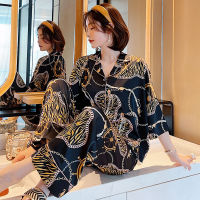 2021JULYS SONG 2 Pieces Faux Silk Pajamas Set Women Three-Quarter Sleeve Trousers Spring Female Sleepwear Daffodils Print Pyjamas