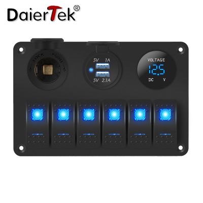 DaierTek RV Waterproof Switch Panel 6Gang 12V Rocker Switch Panel Car with USB Cigarette Lighter Socket Voltmeter For Boat Truck
