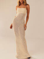 ผู้หญิงสายสปาเก็ตตี้ถักชุดยาวชายหาดวันหยุดสบายๆแขนกุดสแควร์คอ Cutout ห่อ Sundress Streetwear