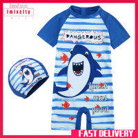 Imixcity 2 Pieces Boys Swimming Suit Cartoon Printing Sunscreen One-piece Swimsuit With Swimming Cap For Kids Aged 1-8