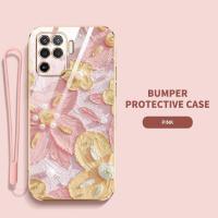 เคสโทรศัพท์สำหรับ OPPO A94 4G Reno 5F Reno 5 Lite F19 Pro ดอกไม้สไตล์ภาพวาดสีน้ำมันแบนกรอบเคสนิ่มเคลือบอิเล็คโทรเพลทส่งสายคล้อง