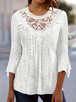 xixibeauty Contrast Lace 3/4 Sleeve Blouse, Elegant Crew Neck Solid Blouse, Womens Clothing