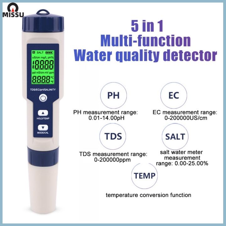 5 in 1 water quality tester PH meter/TDS/EC/PH/salinity/thermometer ...