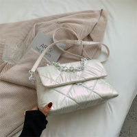 Fashion Lingge Acrylic Chain Padded Women Crossbody Bags Designer Quilted Handbags Nylon Down Cotton Shoulder Bag 2021 Winter