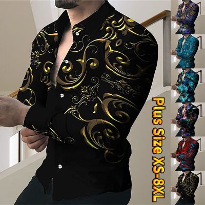 ZZOOI Art Fashion Luxury Party Evening Dress Shirt Lapel Button Down Shirt Casual Print Long Sleeve Top Men Sweater XS-8XL