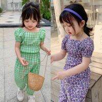 【ยินดีต้อนรับพร้อม】Se7en Girls Korean Plaid Floral Suit Childrens U-neck Top and trousers 2-piece clothes