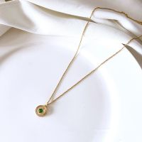 Jazaz 925 Sterling Silver Emerald Crystal Geometric Circle Pendant Clavicle Chain Necklace Women 14k Gold Plating Simple D001837